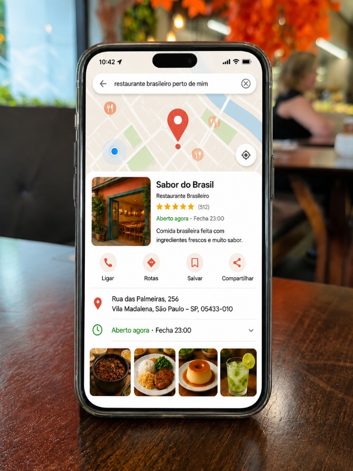 Ficha do Google Meu Negócio em um smartphone mostrando avaliações e informações do estabelecimento